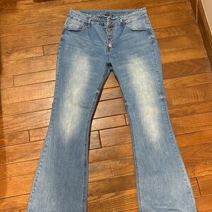 Flamingo XL Button Fly Flare Jeans Light Wash High Rise Stretch Denim